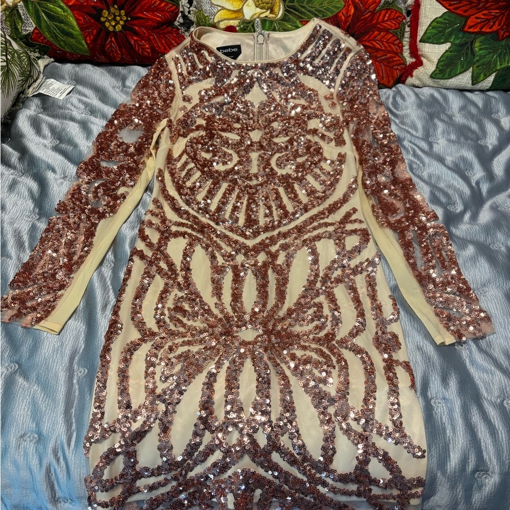 bebe Sequin Long Sleeve Dress - Rose Gold